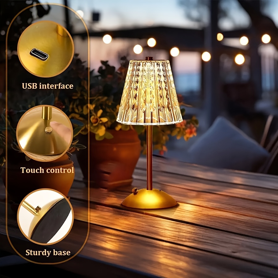 1PC Modern Crystal Table Lamp with Brass Base, Geometric Pattern Acrylic Shade Bedside Lamp for Bedroom Living Room