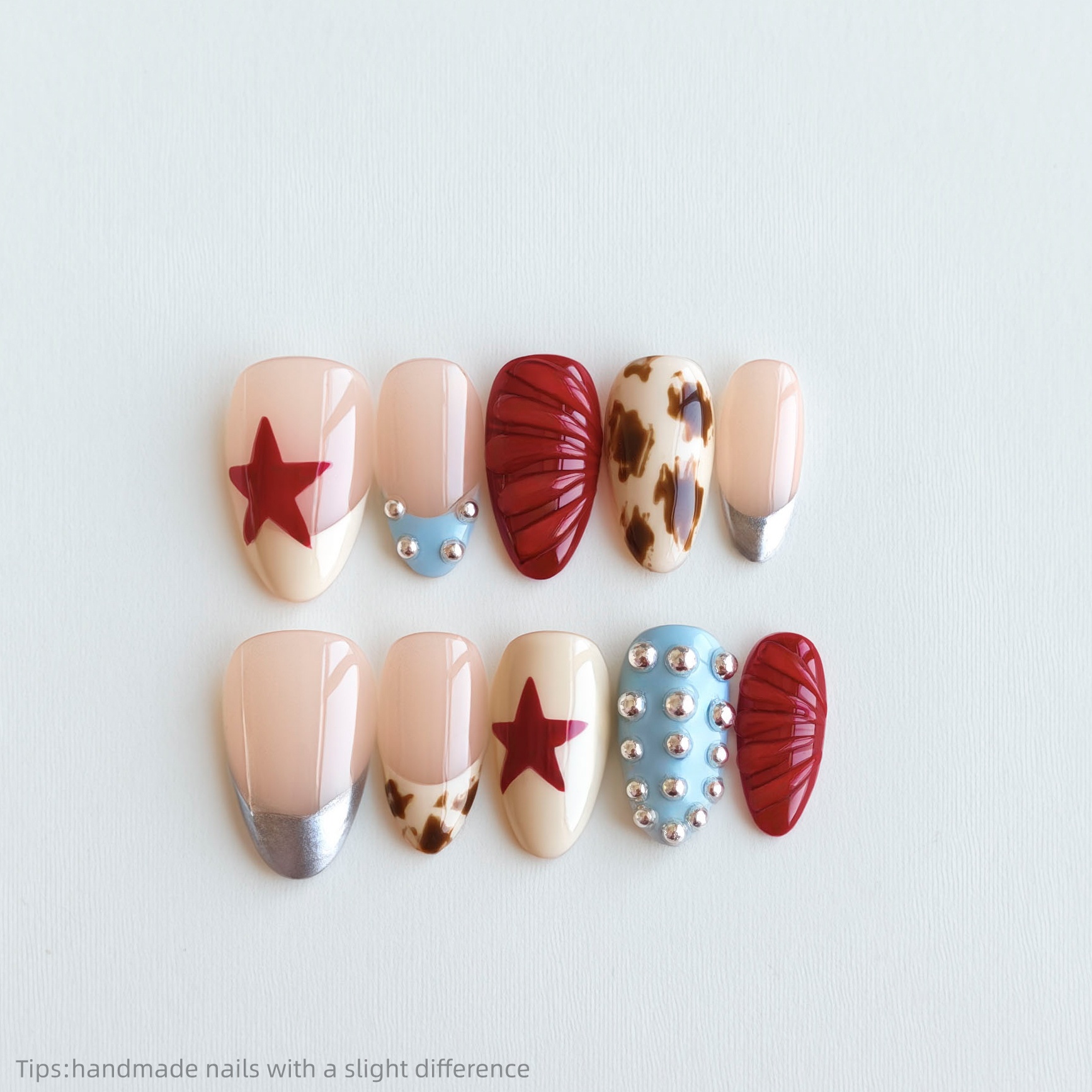 10pcs Red Y2k Girl Handmade Press On Nails Leopard Gel Sweet Cool With Star Metal Decoration Wearable Artificial False Nails