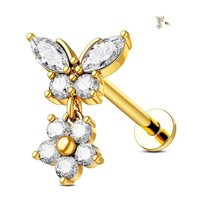 EVISPOL New Trendy Hypoallergenic G23 Titanium Butterfly Lip Rings Tiny Inner Threaded Piercings Cut Flower Dangle Ear Jewelry