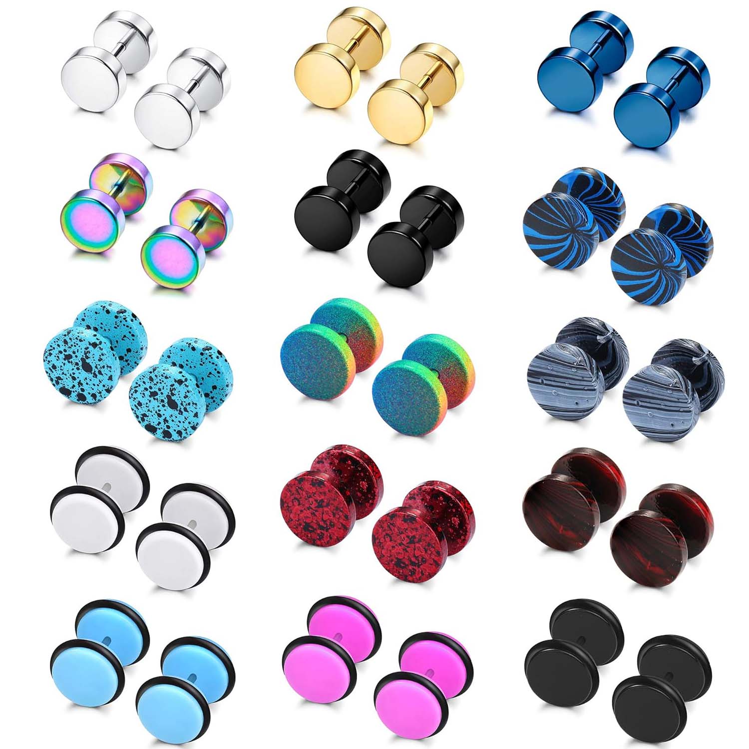 1 Pair Mens Stud Earrings Stainless Steel Piercing Plugs Tunnel Flat Back Stud Earrings Fake Gauges for Men Women 8mm 10mm