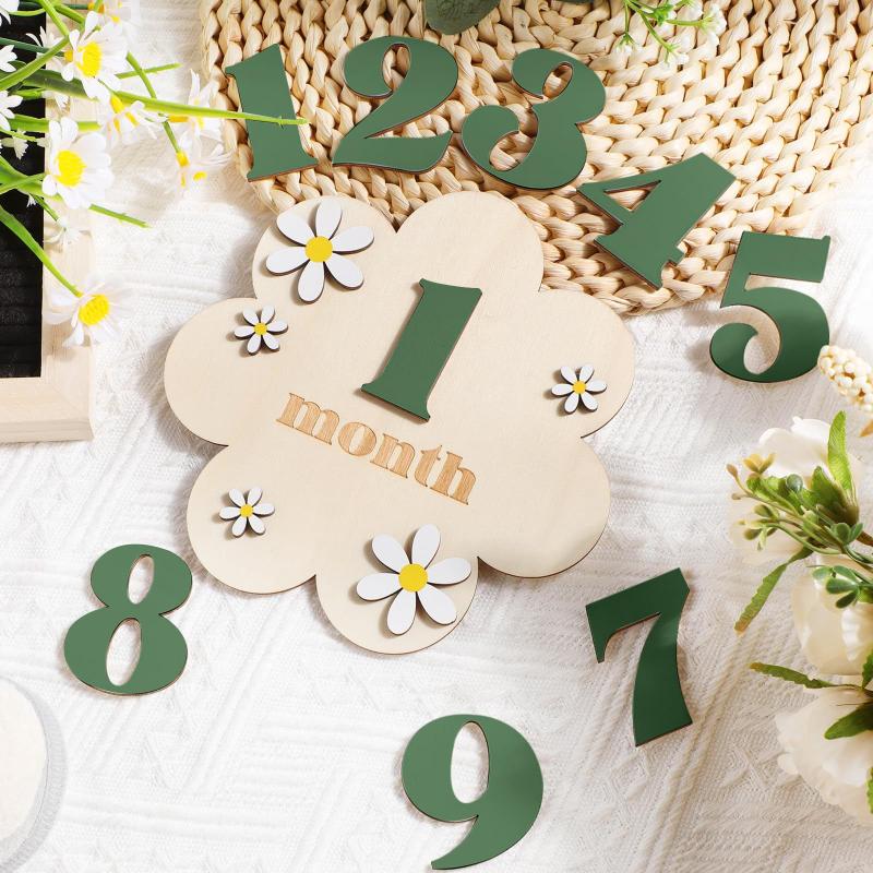 Wooden Baby Monthly Milestone Cards Flowers Double Sides Number Month Girls Boys Newborn Photography Props Accessories