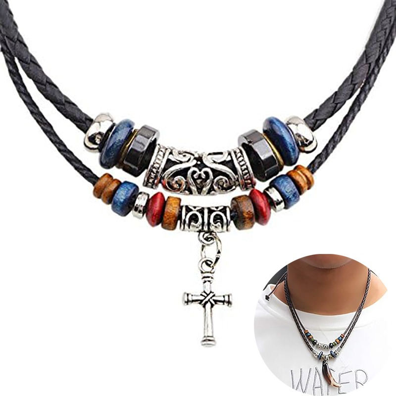 Vintage Tribal Style Boho Leather Necklace Hipppie Double Layered Braided Beaded Cross Pendant Necklace Jewelry pen gpt