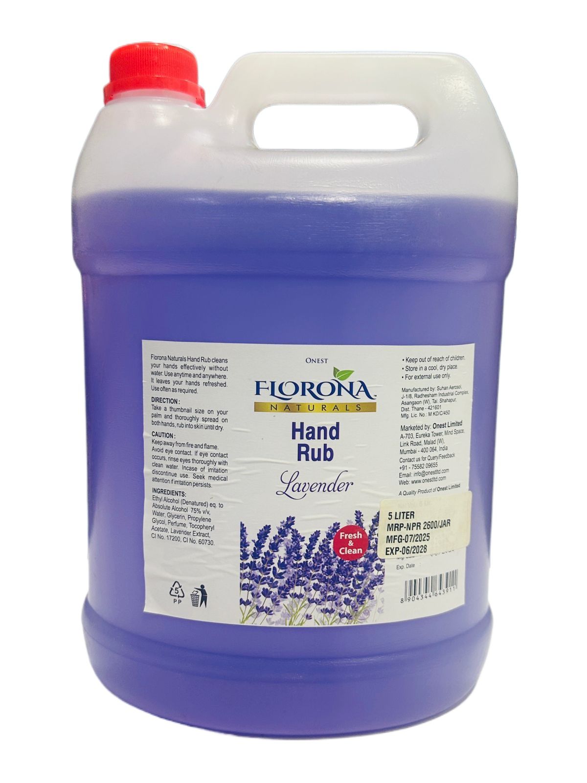 Florona Hand Sanitizer 5 Liters, Ethyl Alcohol 75% with moisturizer