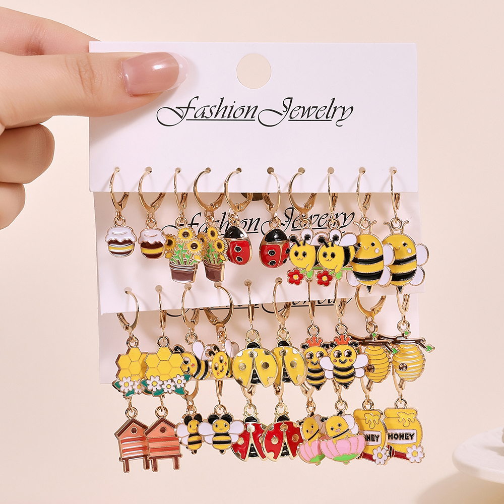 Spring Summer Metal Dripping Oil Fun Bee Flower Ladybug Honeycomb Honey Jar Earrings Set Creative Niche Drop Earrings