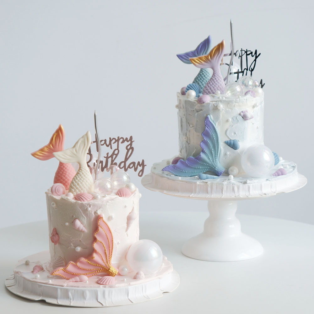 Ocean Theme Cake Topper Blue Pink Purple Mermaid Tail Soft Silicone Topper Kids 1st Birthday Baby Baptism Party Cake Decorations