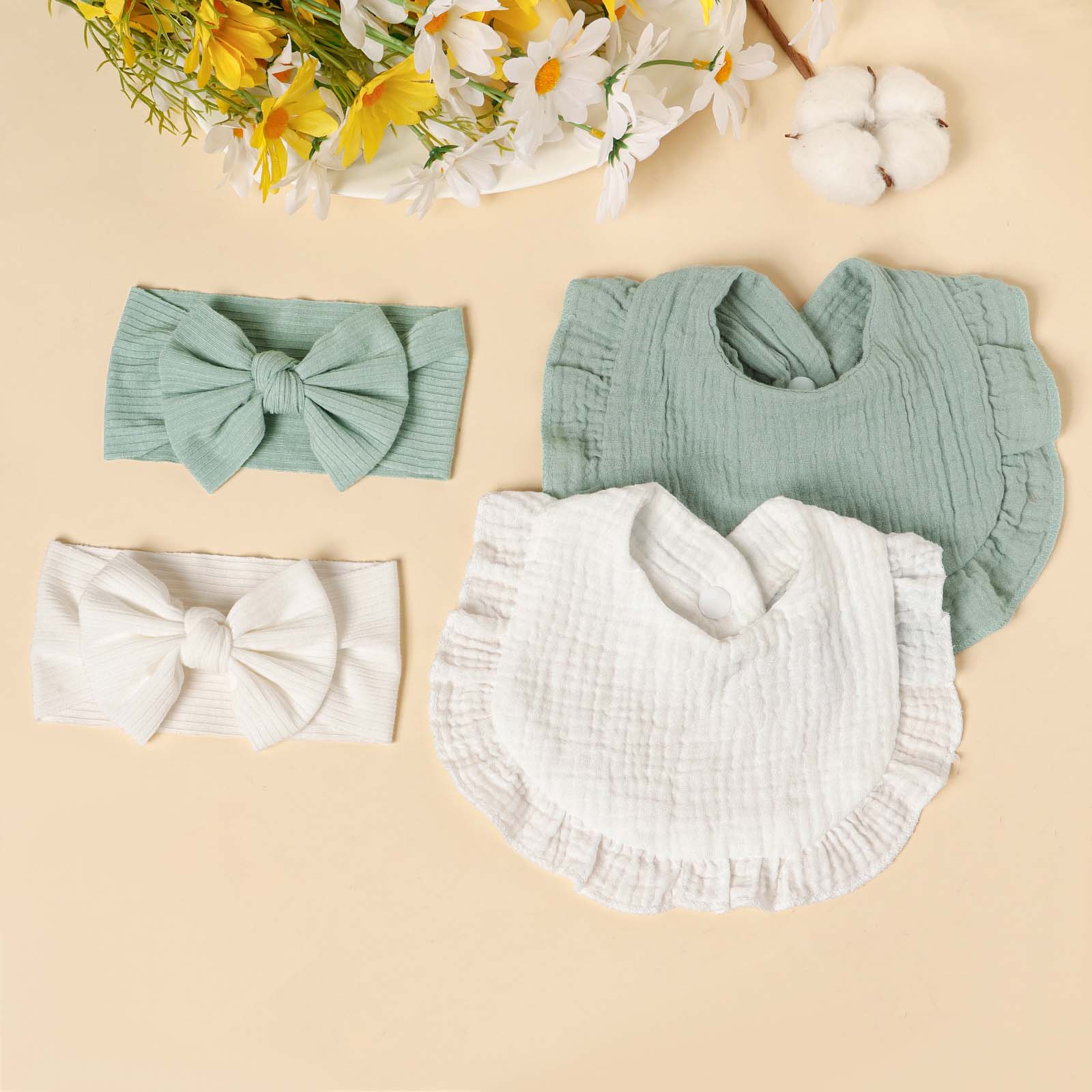 2pcs Baby Bow Headband Bib Set Strips Bow Hair Accessory For Girl Ruffle Edge Feeding Bib Newborn Set Kid Dress Accessories