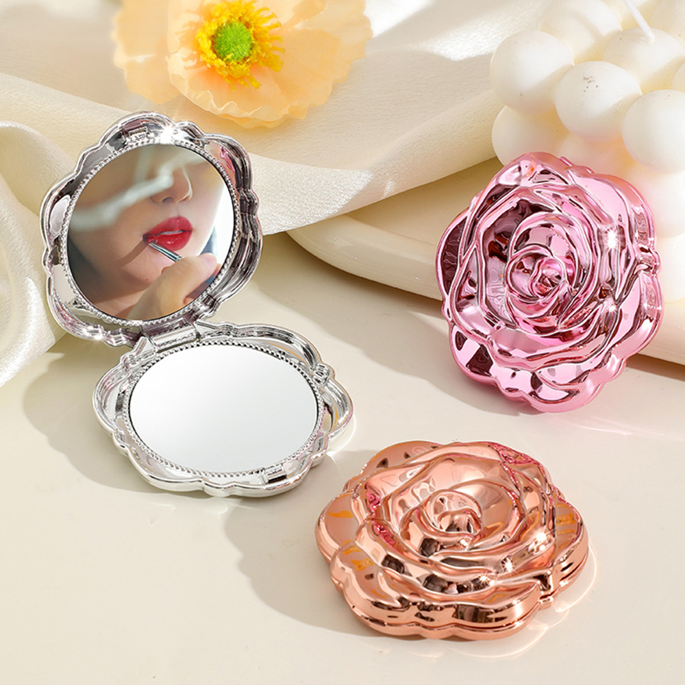Electroplated Folding Rose Makeup Mirror - Dual-Sided Portable Cosmetic Mirror, Elegant Travel Handheld Mirror for Women