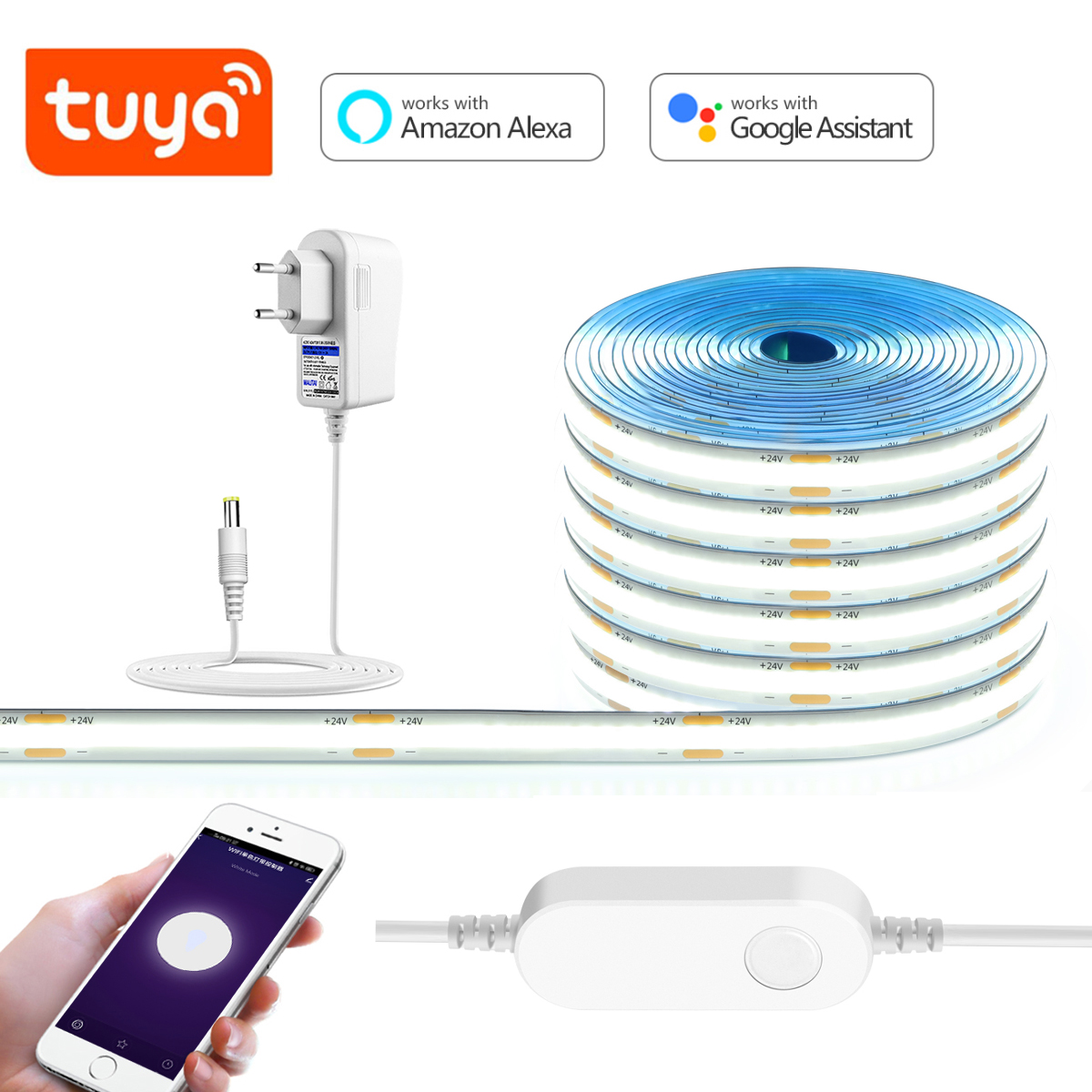 1-10M Tuya Smart Life Wifi Neon COB LED Strip Light Voice Control Neon Silica Gel Tape Lamp Work with Alexa Home DC 24V lightify
