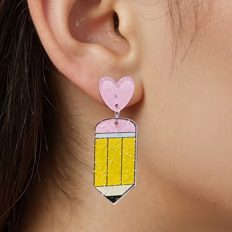 1 Pair Cute Pencil Earrings - Pastel Pink Heart Pencil Top, Lightweight Acrylic Teacher Student Book Lover, Graduation pen gpt