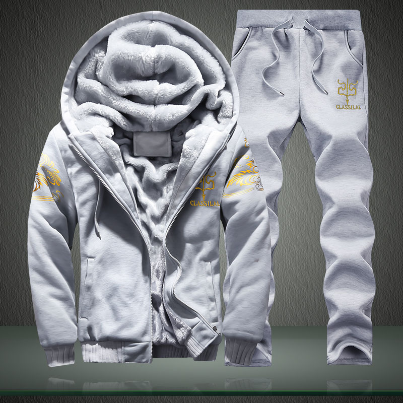 ( Gray /2XL ) man Tracksuit Thick Winter Autumn Mens Casual Printed Sports Suit Loose Hooded Hoodies Long Pant Two Piece Male Sportwears Sets Bles Online DZ-35A-07