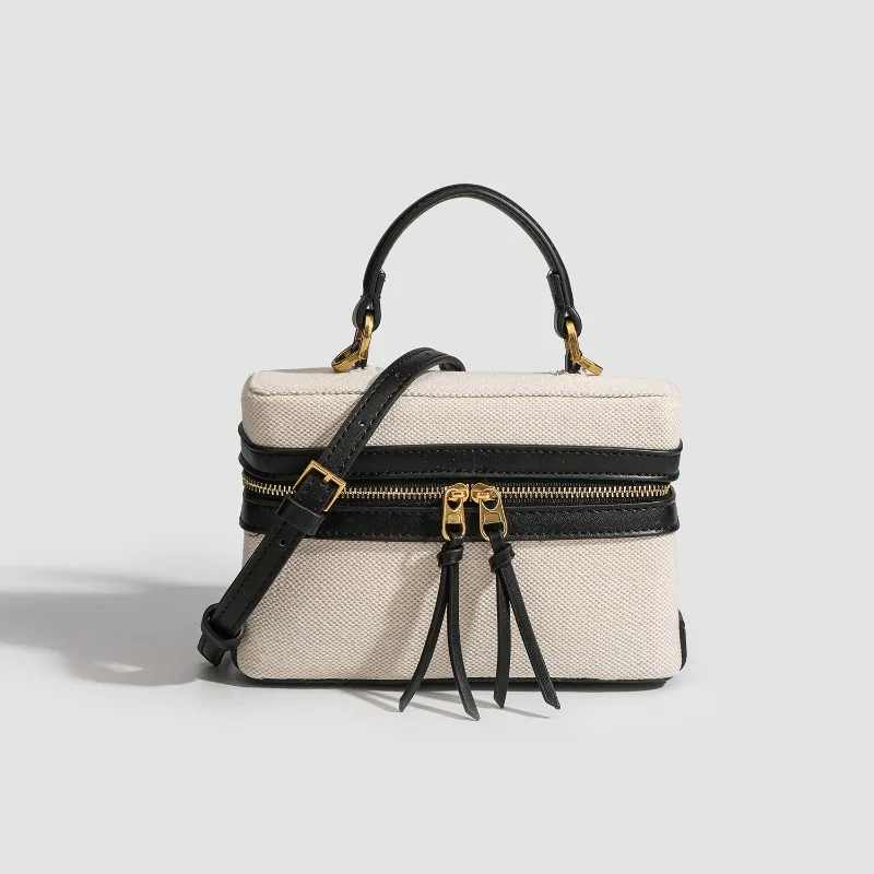 2025 new niche design retro canvas patchwork box bag versatile commuting handbag single shoulder crossbody;