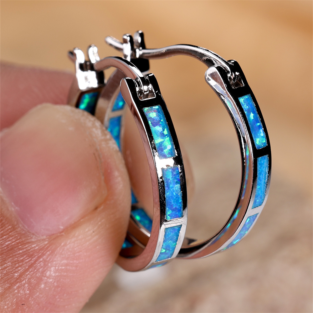 White Blue Opal Oval Stone Hoop Earrings For Women Real 925 Sterling Silver Wedding Jewelry Engagement Accessory