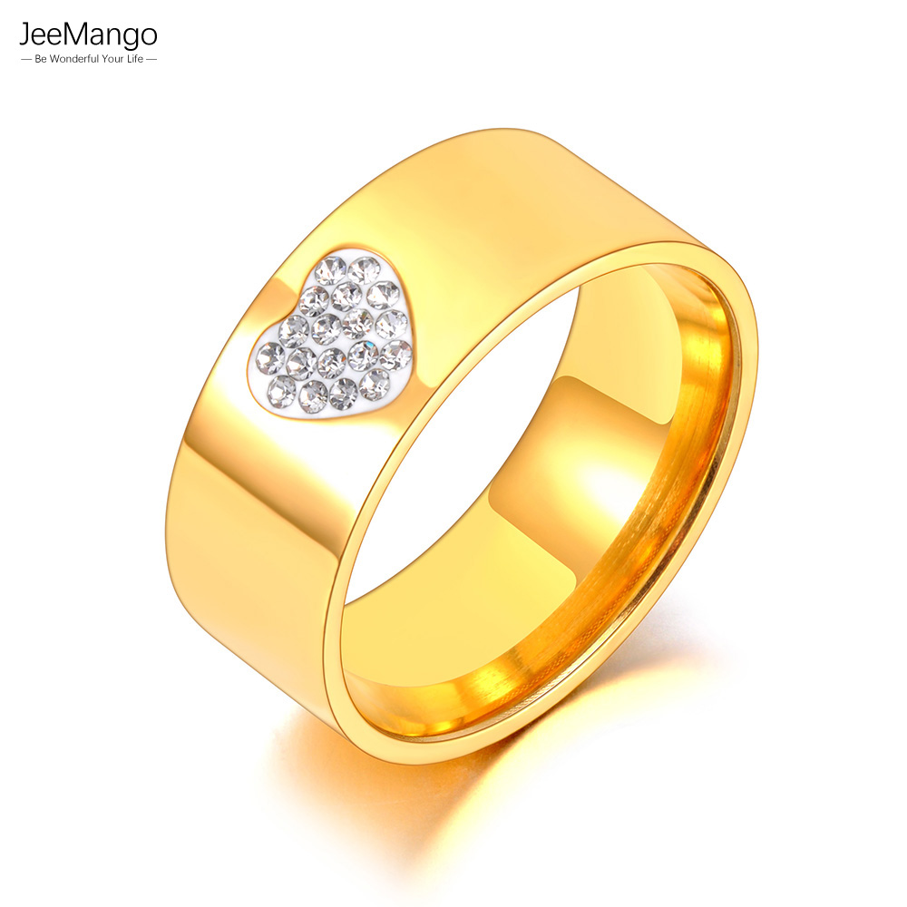 JeeMango Exquisite Clay Rhinestone Heart Stainless Steel Round Trendy Ring Gold Silver Plated Charm Finger Bling Jewelry JR23087