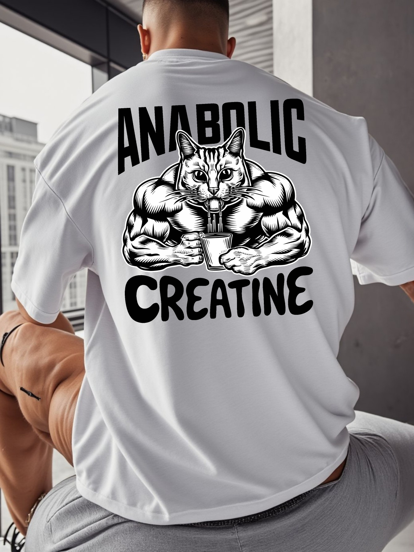 Men's Meme Anabolic Creatine Muscular Cat Sports Fitness T Shirt Cotton Tee Casual Oversize Summer Spring Loose Top Streetwear