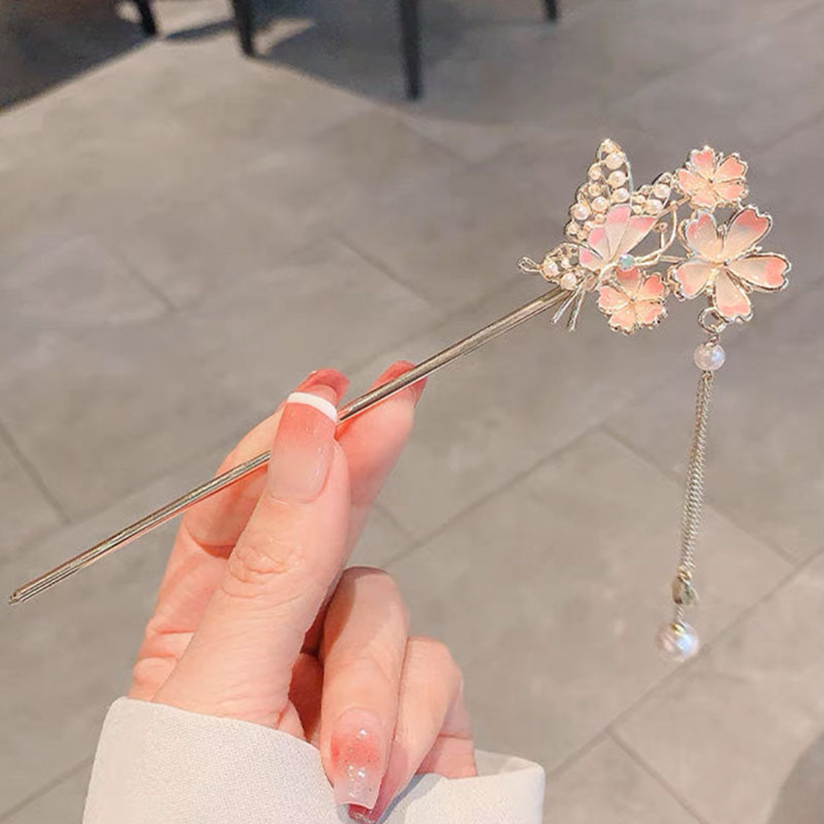 Chinese Butterfly Hair Stick Vintage Pink Flower Pearl Tassel Hairpin Chopsticks Classic Han Clothing Decor Updo Hair Clasp