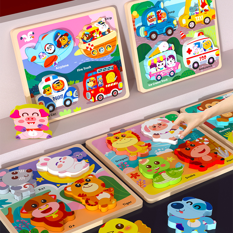 3D Baby Wooden Puzzle Montessori Toys Kids Learning Educational Tangram Shape Traffic Animal Cartoon Puzzle Cognitive Games