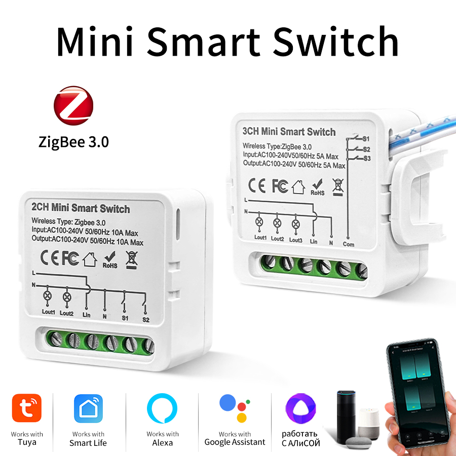 1/2/3 Gang Tuya ZigBee 3.0 Smart Switch Relay 100-240V 16A/10A/5A Breaker Smart Life App Alexa Assistant Voice Control