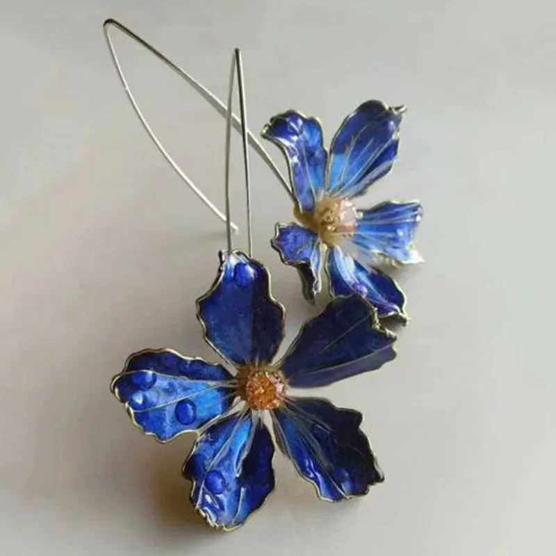 Vintage Ethnic Style Blue Color Flower Dangle Earrings, Women's Bohemian Personalized Holiday Party Jewelry Accessories