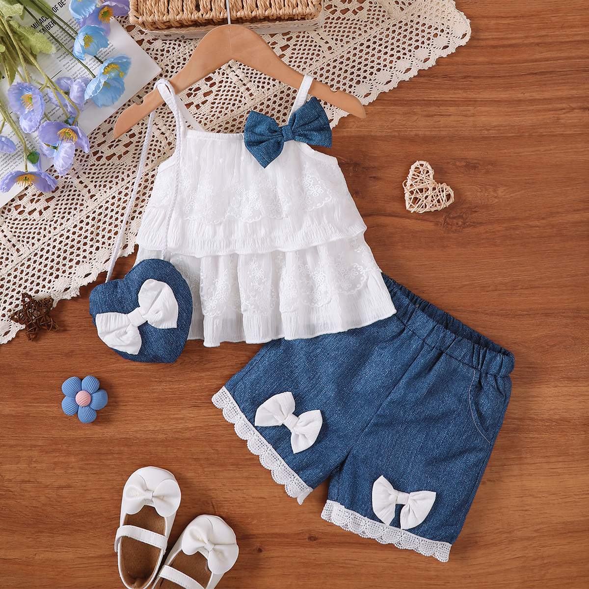 3Pcs Baby girl Lace Ruffled Camisole Top+Bow shorts+Heart mini bag Set suitable for 0-3 Year Baby girl Summer Fashion Set