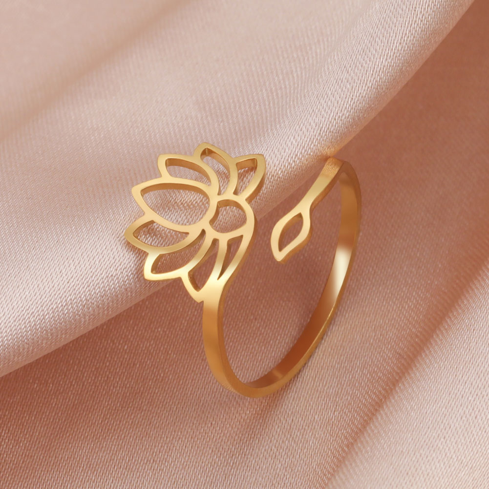Skryim Hollow Lotus Open Adjustable Ring Stainless Steel Women's Retro Elegant Yoga Charm Ring Wedding Jewelry