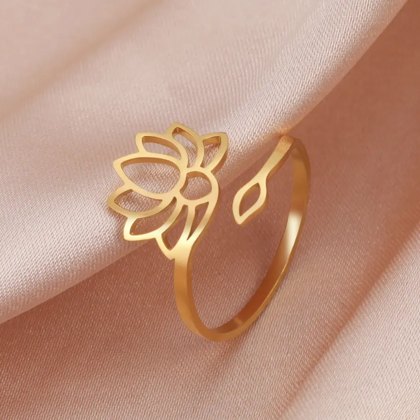 Skryim Hollow Lotus Open Adjustable Ring Stainless Steel Women's Retro Elegant Yoga Charm Ring Wedding Jewelry