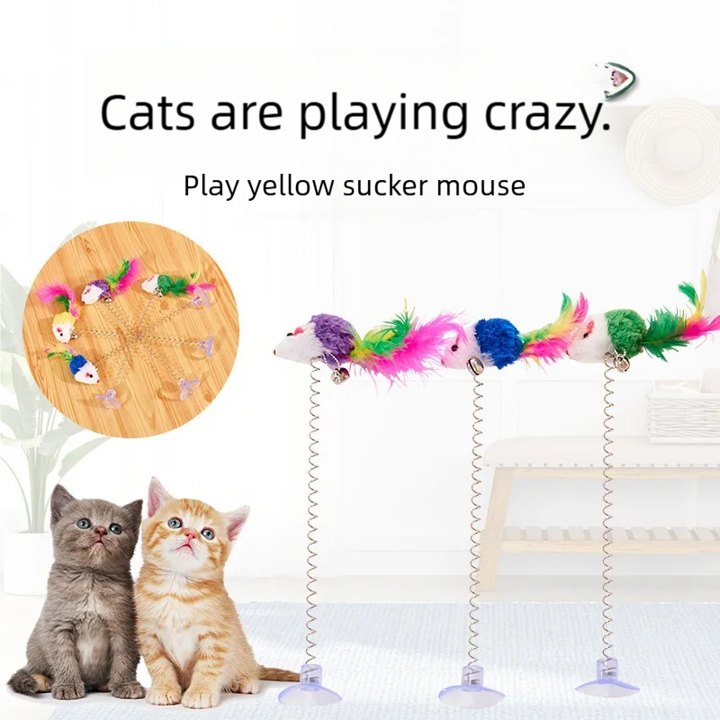 Interactive Swinging Cat Toy With Suction Cup Spring Feather Mouse Bell For Kittens Cats Fun Pet Play Toy Reduce Boredom