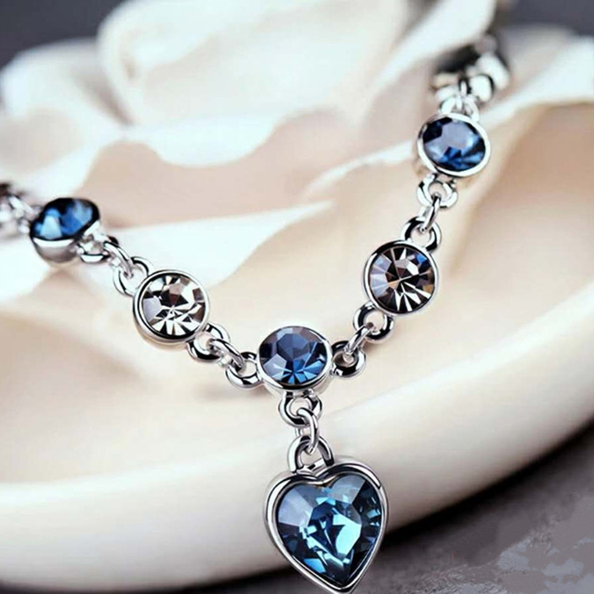Women's Silver Color Lucky Bracelet Blue Crystal Heart Charm Bridal Wedding Engagement Fine Jewelry