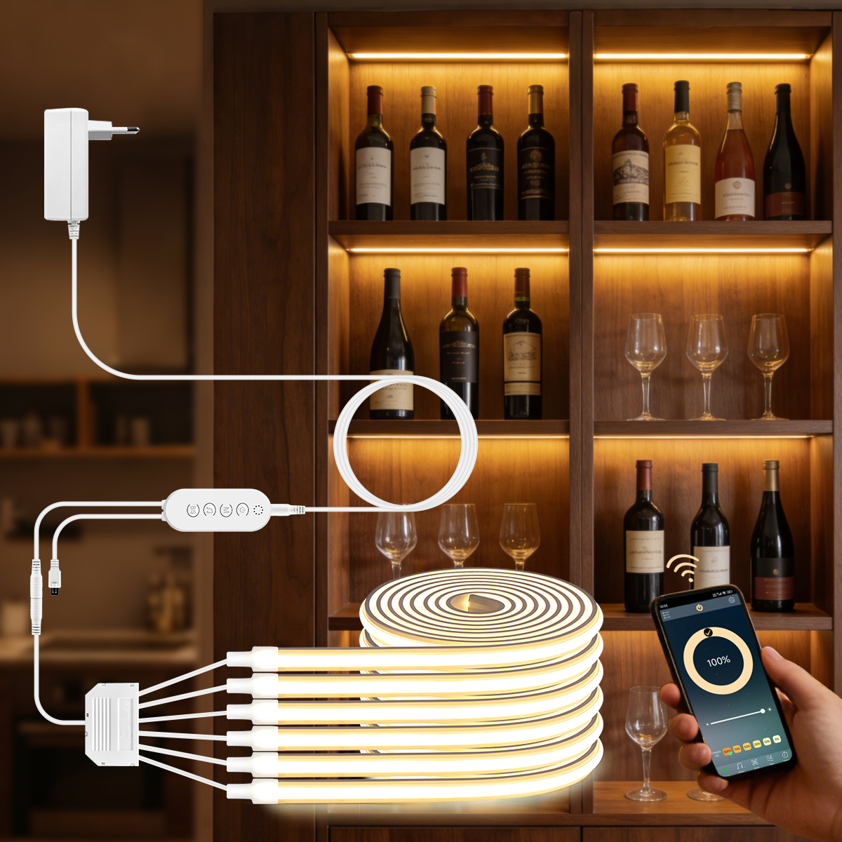 Smart APP Control Self-Adhesive Neon COB LED Strip Light Cabinet Lights Bedroom Embedded Acoustic Wall Panel Backlight LED Tape lightify