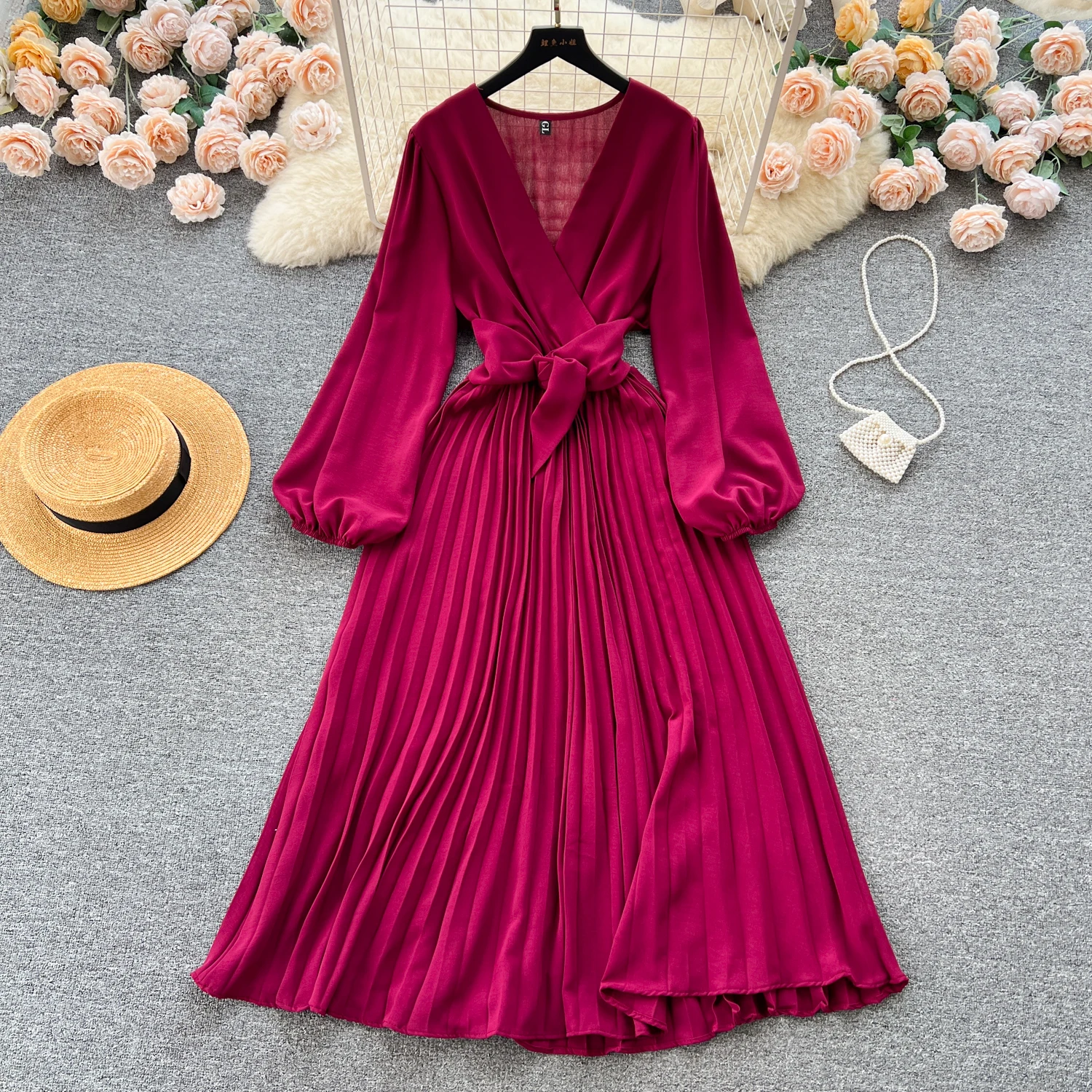 Women's Lantern Long Sleeved V-neck Loose A-line Pleated Elegant Dress Vestidos Y2k Sweet Korean Spring Autumn 2024