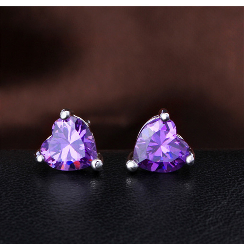 Small Love Heart Charm Purple Zircon Stud Earrings For Women Silver Color Bridal Wedding Engagement Party Ear Studs Jewelry Gift