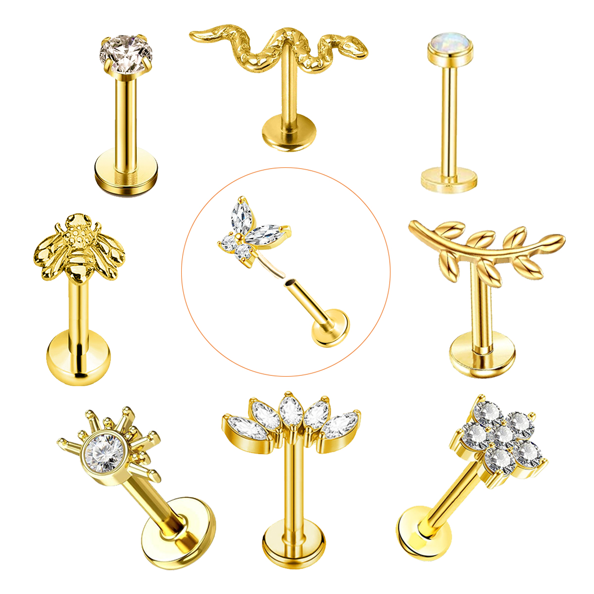 EVISPOL 16G Hypoallergenic Stainless Steel Threadless Insert Labret Lip Rings Tiny Crystal CZ Butterfly Flower Piercing Jewelry