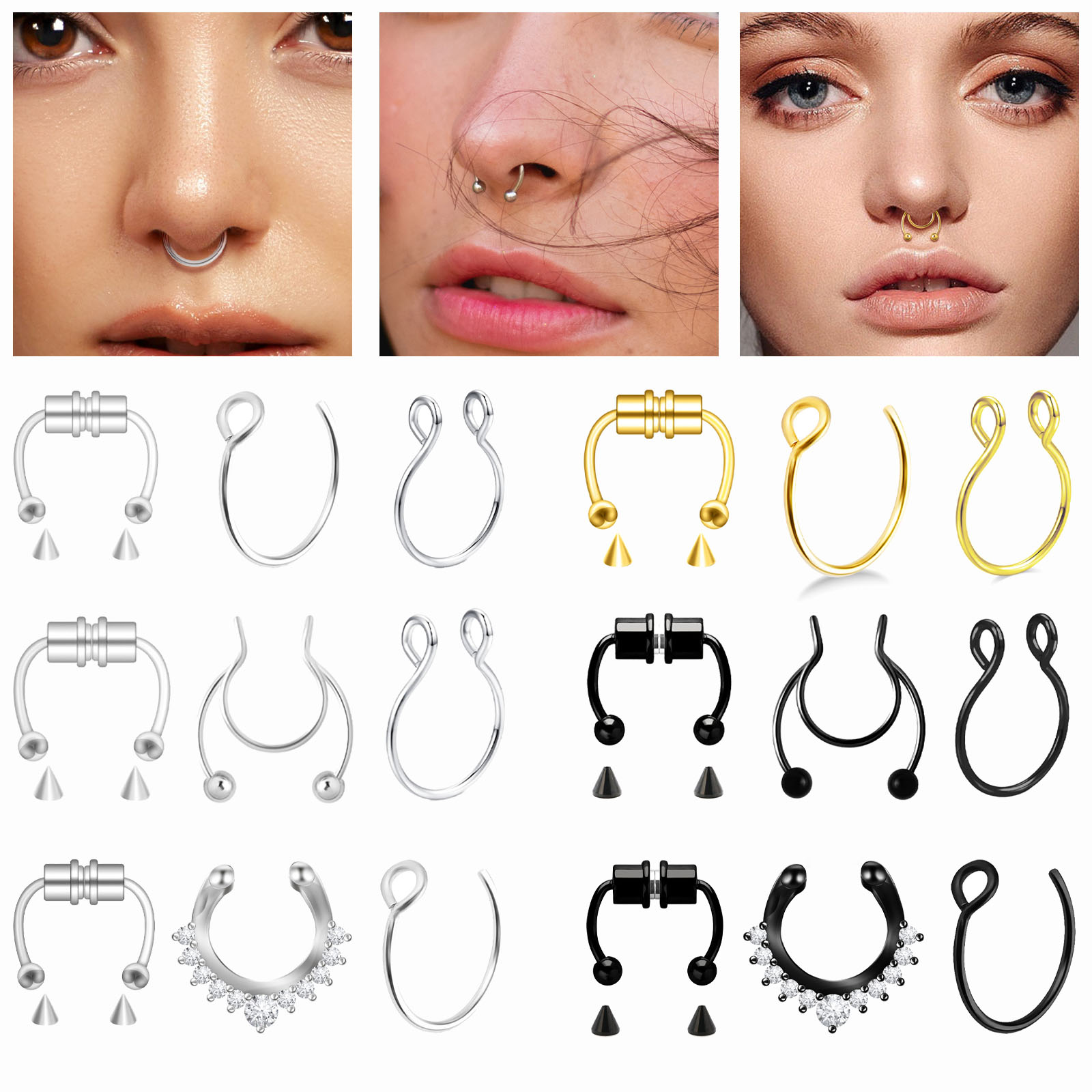 3pcs Magnetic Fake Nose Rings - Stainless Steel Horseshoe Septum Hoops, No-Piercing Clip-on Nose Jewelry