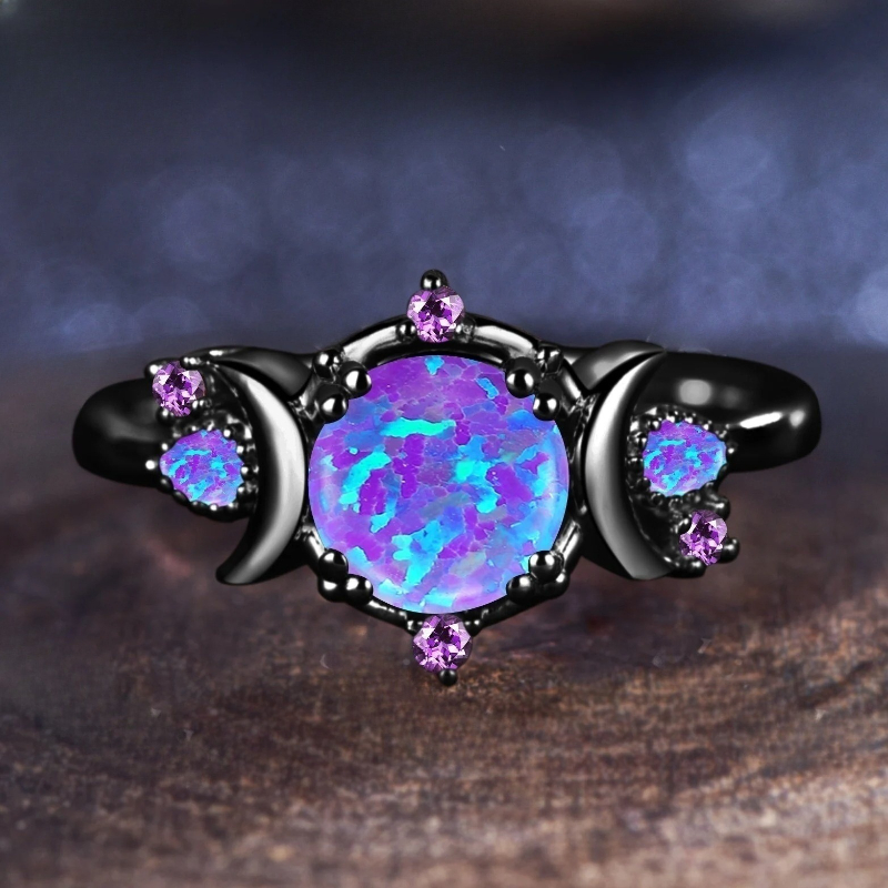 Fashion Female Round Purple Imitation Fire Opal Black Rings for Women Bridal Accessories High Quality Vintage Jewelry