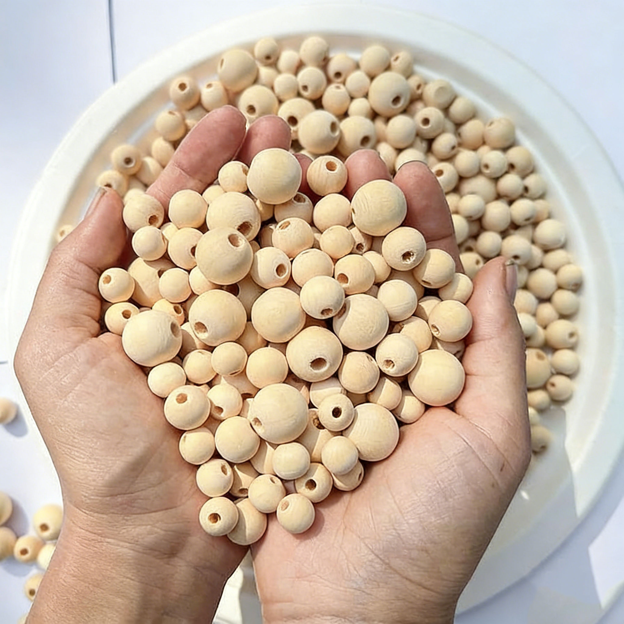 CH01 20Pcs Round Natural Solid Color Wood Minimalist Big Hole Beads DIY Crafts Woodcraft Bracelet Beads Accessories Material
