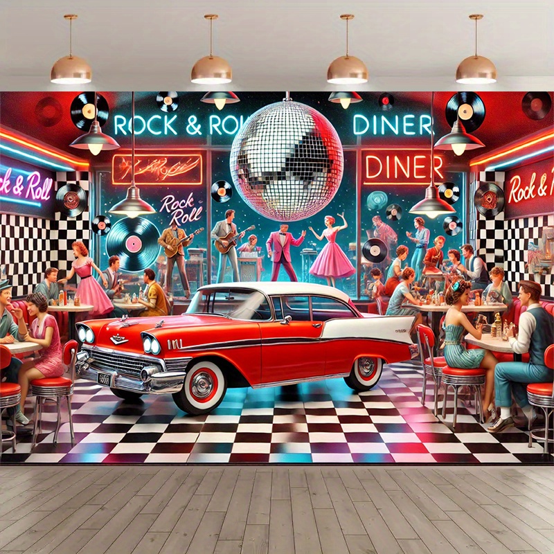 1 piece of retro rock restaurant - polyester fiber background, paired with vintage cars, music boxes and checkered floor design