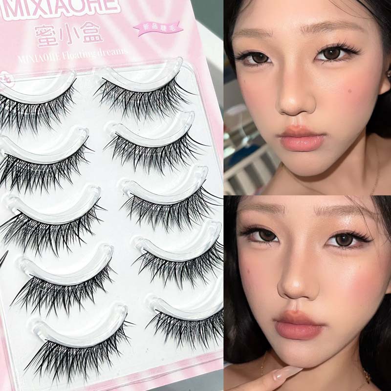 Mixiaohe Thai Cat Eye Strip Lashes 5 Pairs Fluffy Slim Smoky Eye Effect Natural Fit Daily and Party Makeup