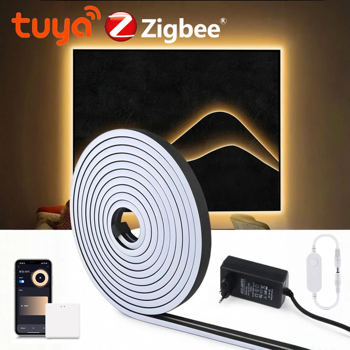 Zigbee Real Black Neon Light Strip 24V Dimmable Silica Gel Tube Waterproof,For Wall Wood Grille Panel Decor Support Tuya Alexa