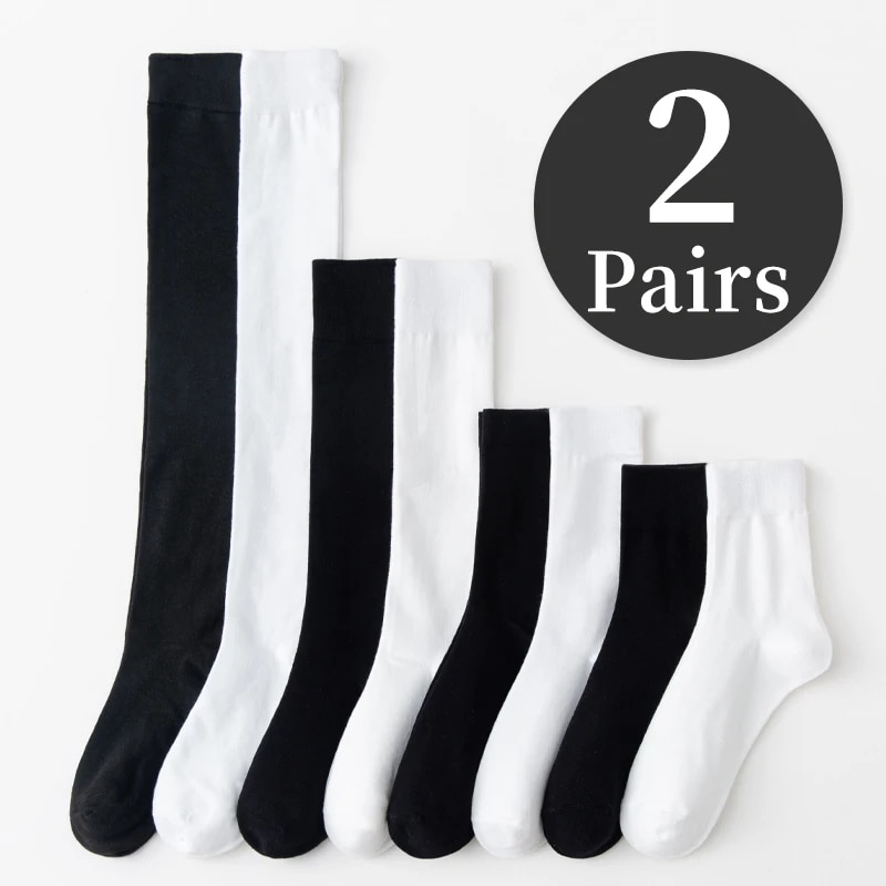 2 Pairs of Women's Spring and Summer Simple Basics Four-season Solid Color Black and White Over-the-knee Calf Mid-calf Socks