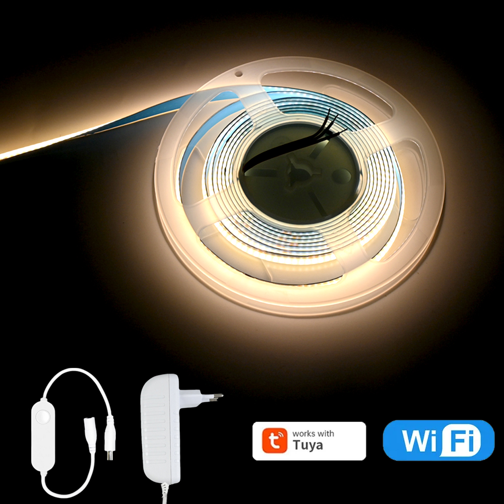 WiFi COB CCT LED Strip Light 12V 1m 2m 3m 4m 5m 10m WWCW Flexible Dimmable Lamp Warm Color Deco for Alexa Assistant/Tuya