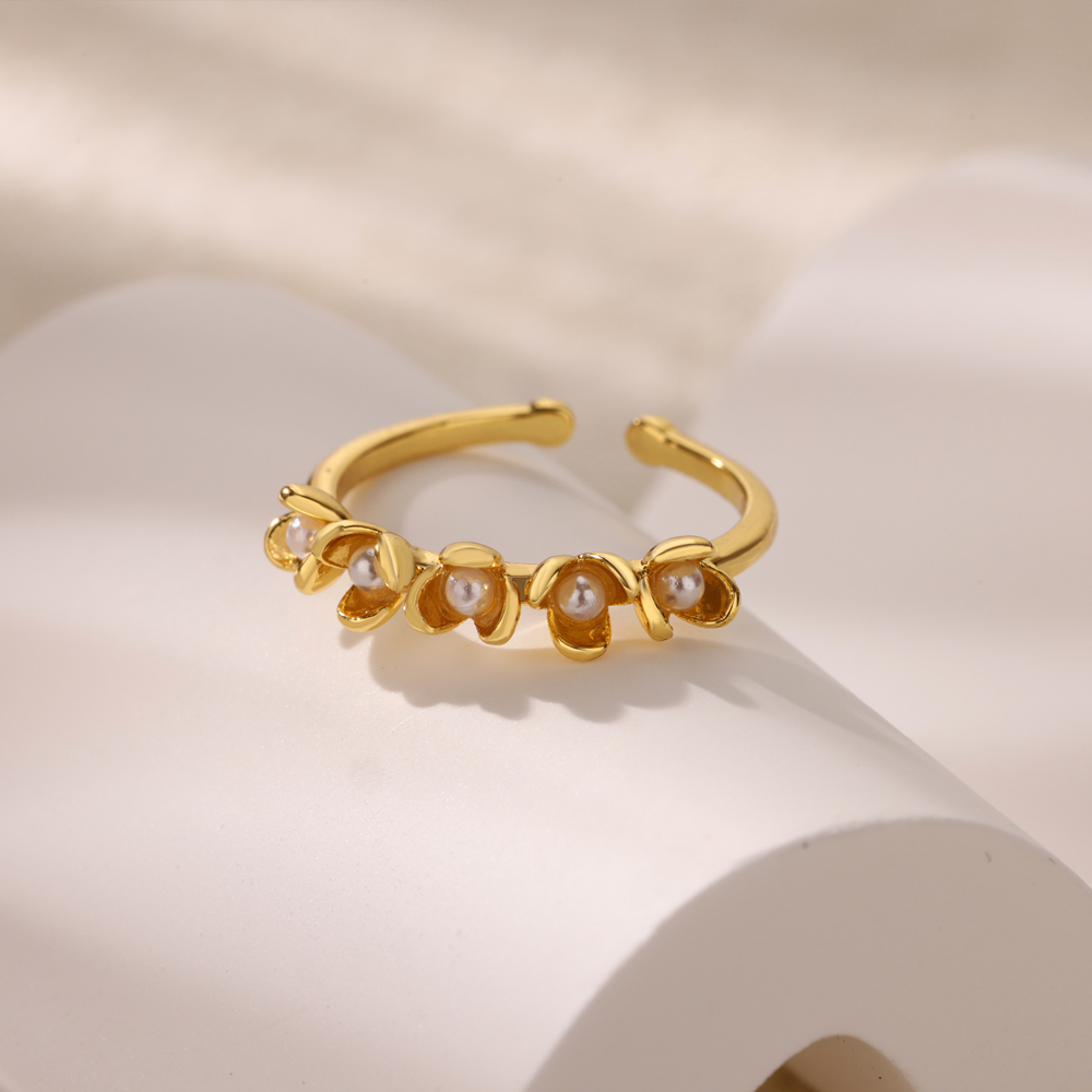 Stainless Steel Cubic Zirconia Flower Adjustable Ring for Women Gold Color Shiny Finger Ring Fashion Party Metal Jewelry