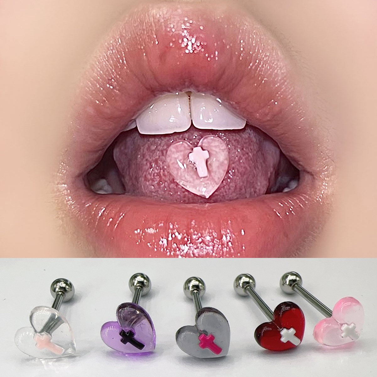 5 Colors Resin Love Cross New Tongue Nail Sweet Transparent Heart Stainless Steel Piercing Tongue Rings Jewelry Cute Accessories