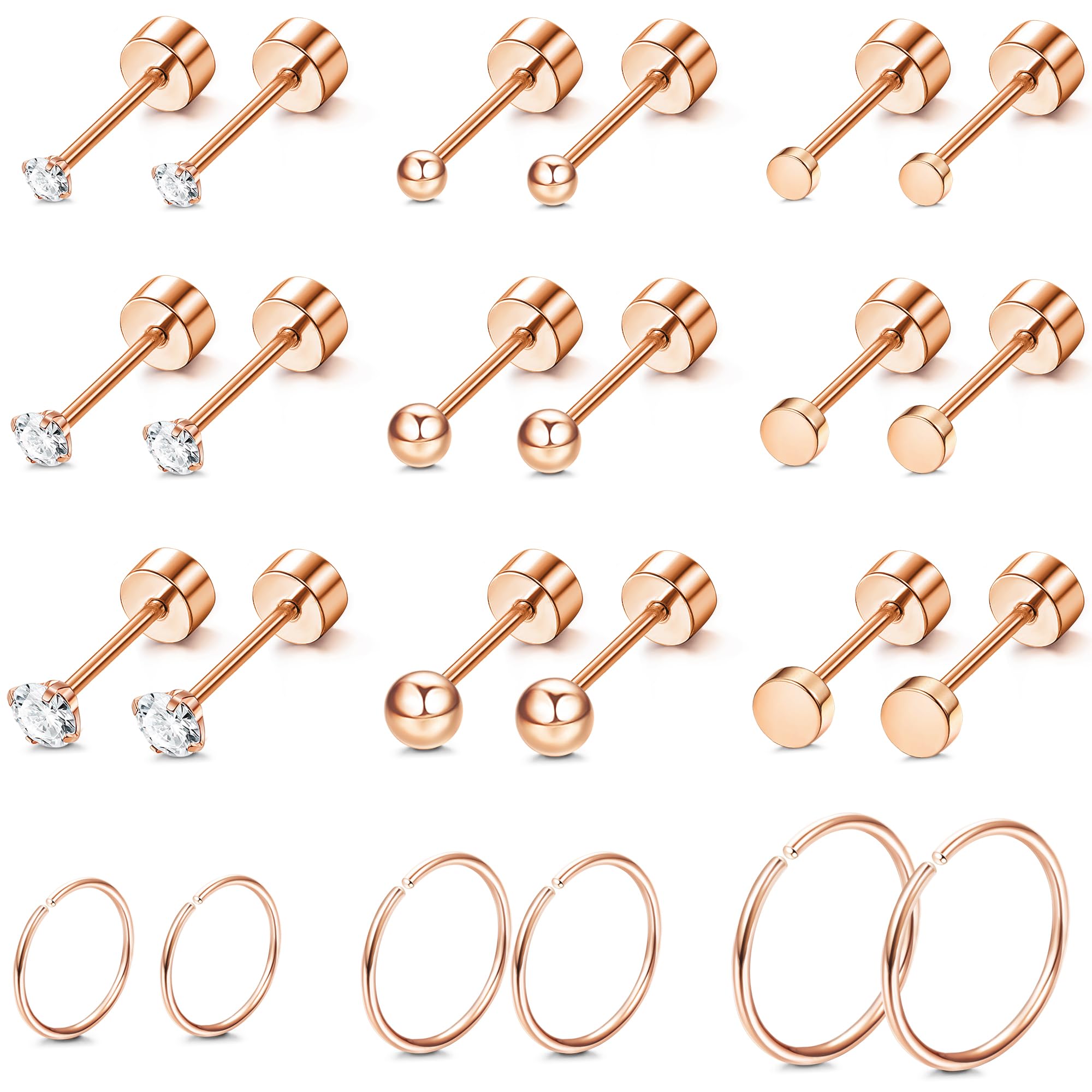 1 Pairs Rosegold Stainless Steel Tiny CZ Ball Flat Back Stud Earring Multiple Piercing Cartilage Hoop Earrings for Women Men