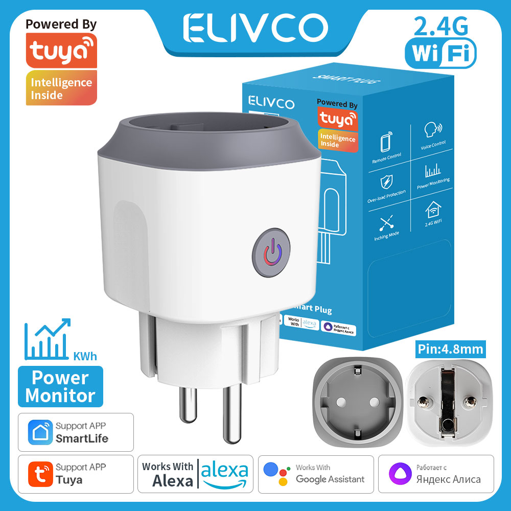 Tuya WIFI Smart Plug with Voice Control Timer Power Monitoring Home Automation Outlet Compatible with Assistant & Alexa