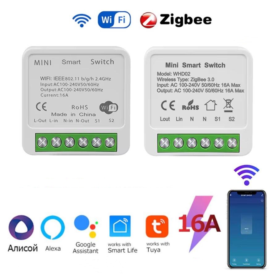 Zigbee Mini Switch Module 1CH/2CH Optional 10A/16A Smart Home Relay Automation Breaker For Tuya Smart Life Z2M Alexa Home