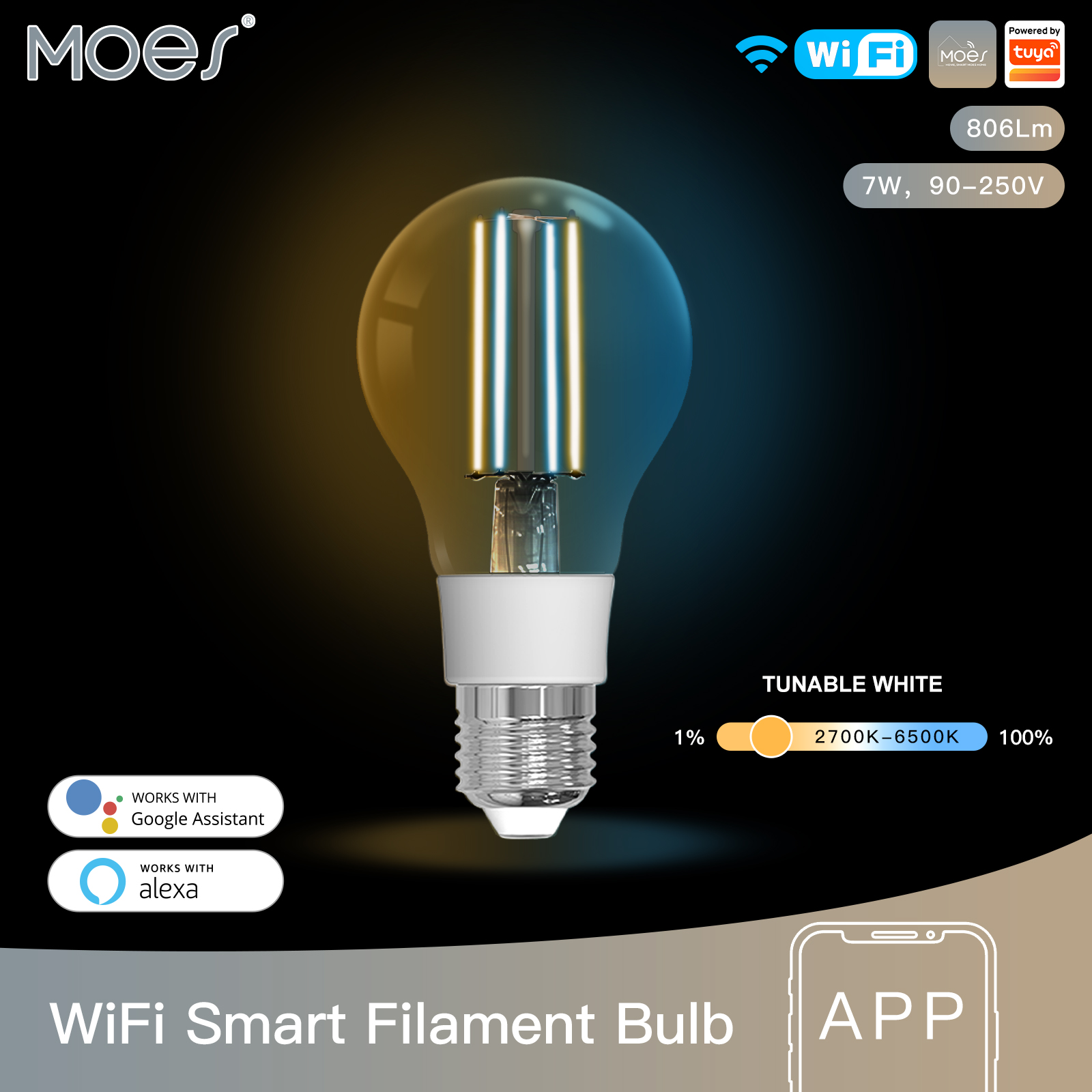 MOES Smart WiFi Filament Bulb LED Light Lamp E27 Dimmable Lighting 2700K-6500K 806Lm Tuya Alexa Voice Control 90-250V 7W