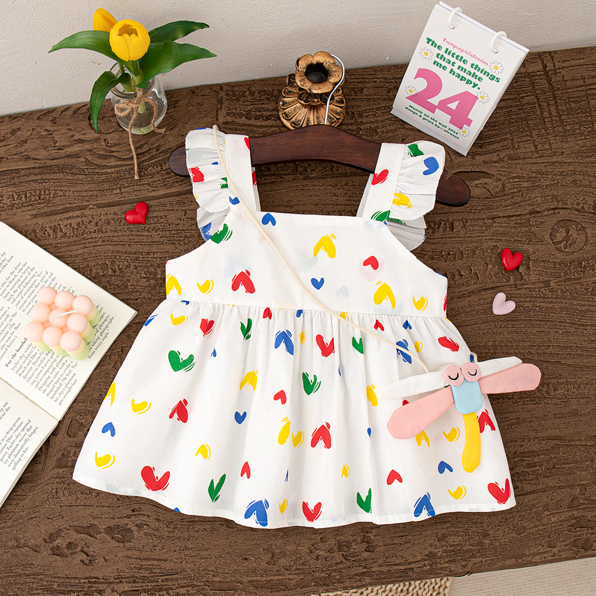 Summer New Colorful Love Baby Girl Dress, Cute Little Fly Sleeves Children'S Clothes With Free Dragonfly Pendant(0-3 Years Old)