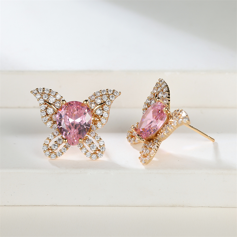 Pink Zircon Cute Butterfly Water Drop Stone Stud Earrings For Women Vintage Gold Color Wedding Earring Valentine Jewelry