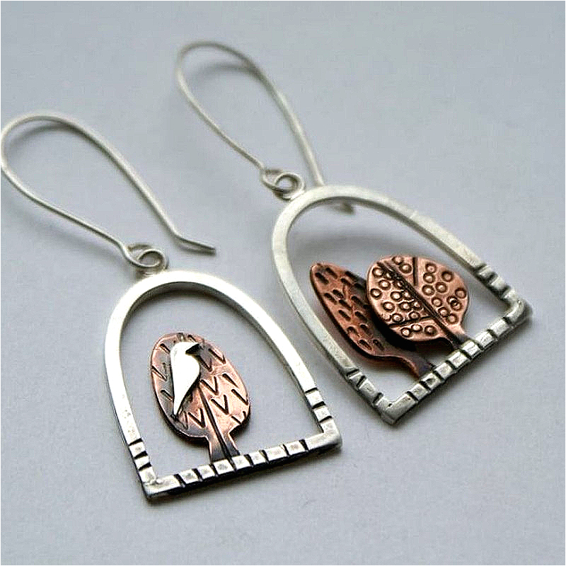 Vintage Exquisite Handmade Tree Bird Two Tone Drop Earrings for Women Personalized Design Silvery Banquet Festival Jewelry