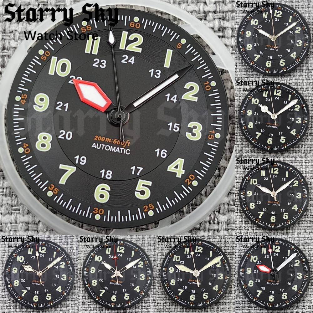 Starry Sky 29mm Green Words Black Pilot Watch Dial Watch Hands With Luminous Fits NH35/ETA PT5000 Automatic Movement Watch Parts