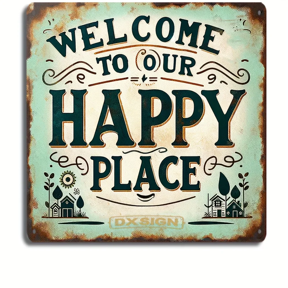 1pc Rustic Sign Welcome to Our Happy Place Metal Tin Sign 8x8 Inch Charming Vintage Wall Art Family Home Antique Farmhouse